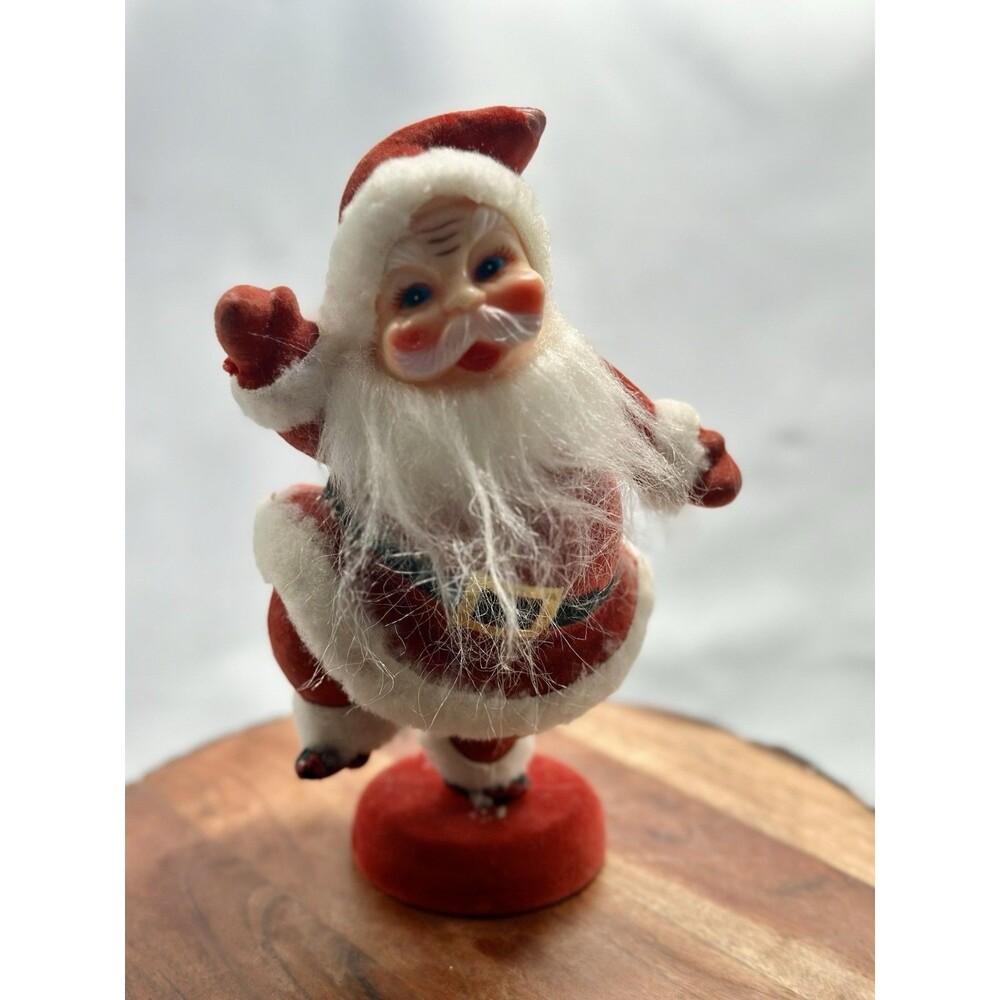 Vintage 1950s Flocked Happy Dancing Waving Santa Claus Plastic - 8” Tall